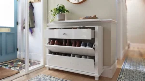 A compact hallway shoe storage unit featuring a convenient top drawer for keys and daily essentials.