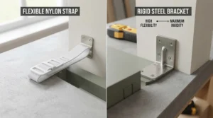A comparison showing a flexible nylon anti-tip strap on the left and a rigid steel furniture bracket on the right, highlighting different methods for securing furniture.