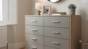 A close-up display of the contemporary finish and handles on a high-quality chest of drawers, perfect for modern interior design.