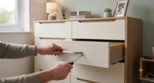 A large chest of drawers fitting perfectly into a bedroom corner to maximise space in a teen's room.