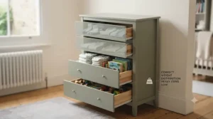 A chest of drawers with its bottom drawers open, illustrating the correct weight distribution by placing heavier items low to ensure stability.