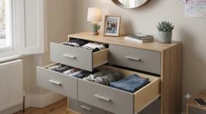 Close-up of deep drawers in a bedroom chest, showcasing ample storage capacity for clothing and essentials.