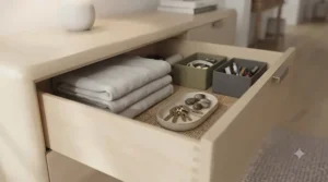 Interior view of deep drawers inside a wide wooden sideboard chest, demonstrating practical storage capacity for household items.