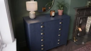 Dimensional view of a statement chest of drawers highlighting its height and depth for UK room sizes.
