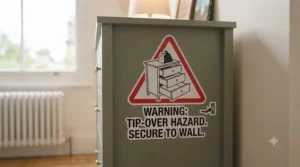 A warning label applied to the side of a chest of drawers, featuring an icon of a tipping unit and the text "Warning: Tip-over hazard. Secure to wall."