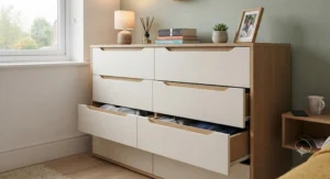 A neutral-coloured large chest of drawers that complements various colour schemes in a teenager's bedroom.