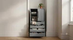 Grey painted living room storage unit with drawers shown holding everyday household items.