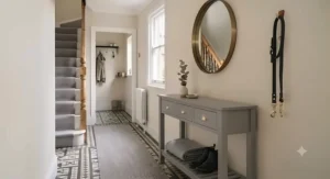 Elegant grey-painted console table with two deep drawers providing practical storage solutions for a busy family entrance.