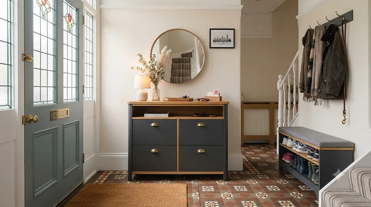 A stylish wooden hallway storage chest of drawers in a modern British entryway, offering practical slimline hallway organisation. hallway storage chest of drawers