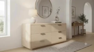 Functional hallway storage setup featuring a spacious wide sideboard chest of drawers to keep everyday essentials organised.