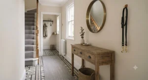 Industrial-style console table featuring reclaimed timber shelving and black metal drawers in a modern hallway.