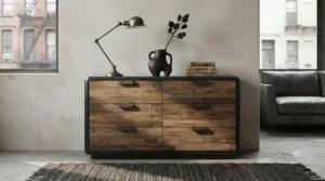 Industrial-style timber and metal wide sideboard chest of drawers featuring robust construction and urban aesthetic appeal.