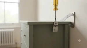 A close-up view of a screwdriver securing a metal bracket to the top of a chest of drawers, which is connected to the wall with a safety strap.