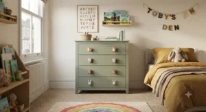 A vibrant child’s bedroom set featuring a character-themed chest of drawers.