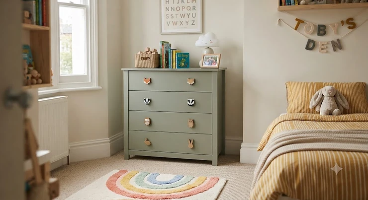 A child's chest of drawers featuring colourful character illustrations, perfect for organising bedroom storage. kids character chest of drawers
