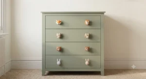 Front view of a kids' chest of drawers with five storage compartments.