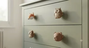 Close-up of the child-friendly handle design on a character-themed chest of drawers.