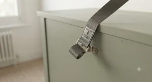 Safety wall-mounting strap attached to the back of a kids' chest of drawers.
