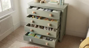 A kids' chest of drawers with all drawers opened to show storage capacity.