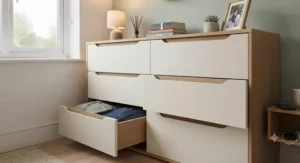 Close-up of a large chest of drawers showing high-quality timber finish and sturdy build for a teen's room.
