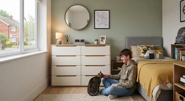 A stylish, spacious large chest of drawers integrated into a modern teenager’s bedroom, featuring sleek British design and ample storage. large chest of drawers teenage room