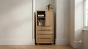 Versatile living room storage unit featuring a combination of open shelving and deep drawers.
