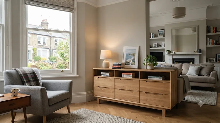 Stylish living room storage unit with drawers styled in a modern British living space with natural daylight. living room storage unit with drawers