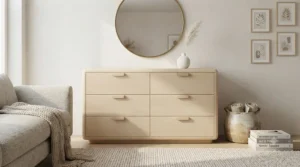 Styled wide sideboard chest of drawers in a neutrally decorated British home living space, accessorised with minimalist decor.