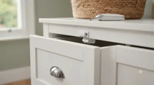 Close-up of a hidden magnetic childproof lock installed inside a bedroom drawer.