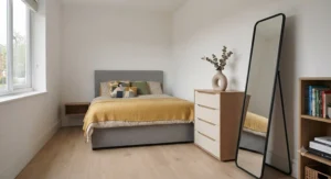 A large chest of drawers with a minimalist aesthetic, styled for a contemporary teenage bedroom.