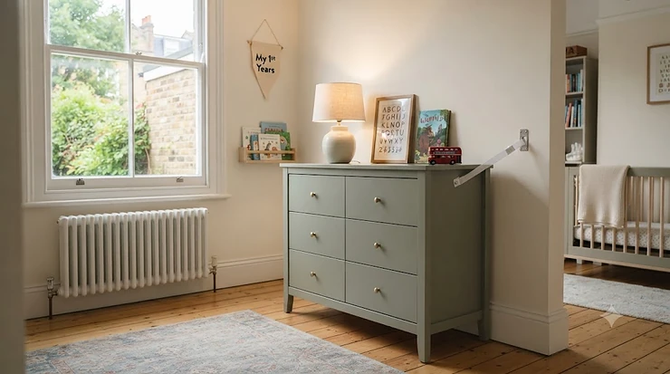 A contemporary sage green chest of drawers in a child’s bedroom, securely anchored to the wall with an anti-tip safety strap. anti tip chest of drawers