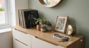 Detail shot of sleek chrome handles on a large chest of drawers designed for a modern UK teenage room.