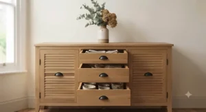 A contemporary grey sideboard with drawers and storage cupboards styled against a neutral feature wall in a dining space.
