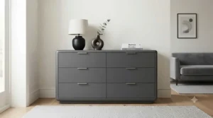 Contemporary matte grey wide sideboard with multiple drawers, perfectly suited for modern dining room or hallway storage.