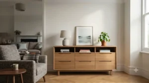 A contemporary living room storage unit with drawers positioned against a neutral wall in a furnished lounge.