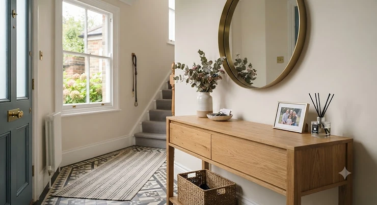 A stylish, modern oak console table with two drawers positioned in a bright, narrow British hallway, styled with a glass vase and a hallway mirror above. console table with drawers hallway
