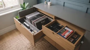 Angled view of a closed modern TV cabinet focusing on the flush handleless drawer fronts and precise oak joinery.