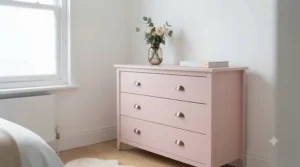 Modern pink chest of drawers with clean lines in a contemporary girls bedroom.