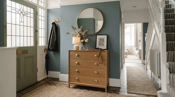 A stylish narrow chest of drawers positioned in a bright UK hallway, providing compact storage solutions for small entryways. thin chest of drawers hallway