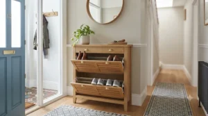 A narrow oak shoe storage chest of drawers designed to fit compactly in a slim hallway space.