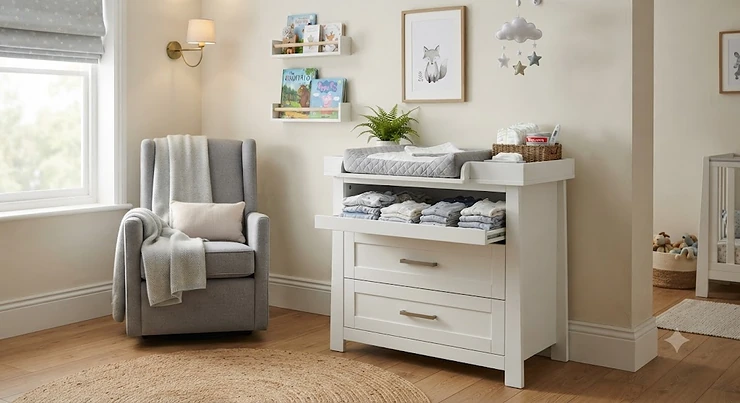 White wooden nursery chest of drawers with removable changing top unit for baby changing. chest of drawers with changing top nursery