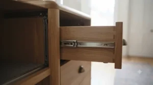 A classic oak-finish narrow chest of drawers adding warmth and rustic charm to a bedroom alcove.