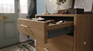 Close-up of smooth-running drawer runners on a high-quality narrow chest of drawers.
