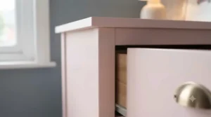 High-quality finish of a painted pink chest of drawers in a child’s bedroom.