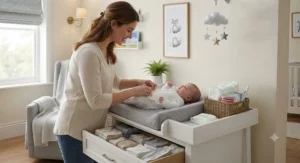 Parent changing a baby on a sturdy, waist-height nursery chest of drawers.