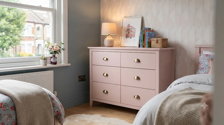 Stylish pink chest of drawers in a bright and airy girls bedroom. pink chest of drawers girls bedroom