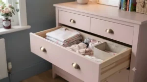 Close-up of open drawers in a pink chest showing organised bedroom storage.