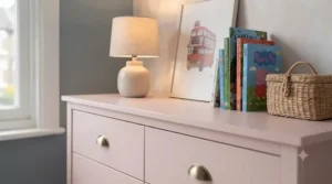 Pink chest of drawers styled with a lamp and picture frames in a bedroom.