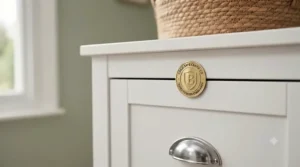 A gold safety certification badge placed on a chest of drawers for childproof quality assurance.