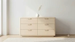 Minimalist Scandinavian-style low wide chest of drawers in light wood with tapered legs, ideal for a contemporary bedroom.